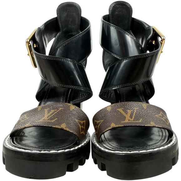 Louis Vuitton Star Trail Monogram Glazed Leather Sandals Black Size 37 - Picture 4 of 10